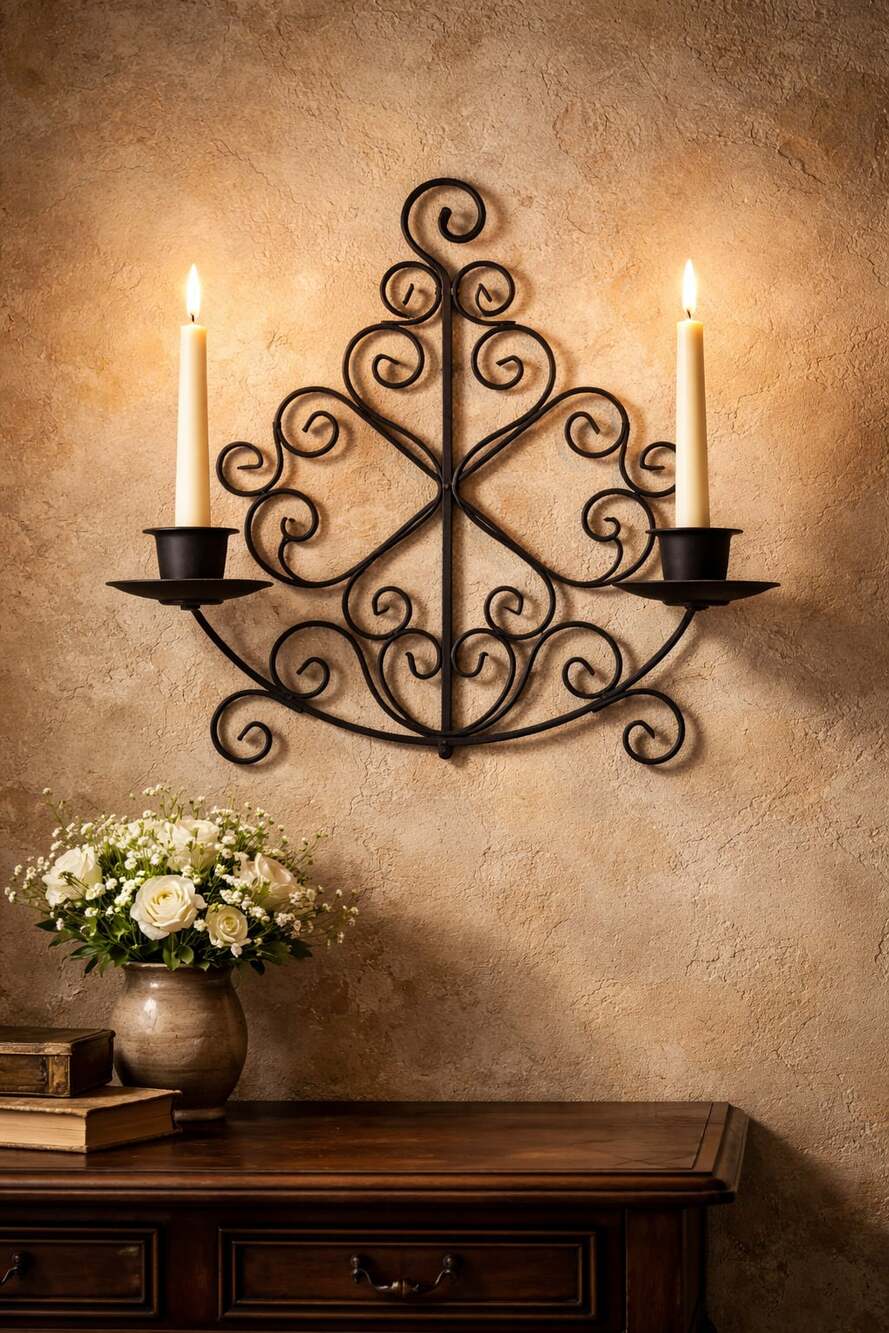Vintage Black Wrought Iron Scrollwork Wall Candle Sconce Double Holder